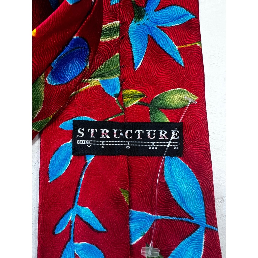 Vintage Structure Mens 100% Silk Tie Red Blue Yellow Floral Botanical - Picture 3 of 4